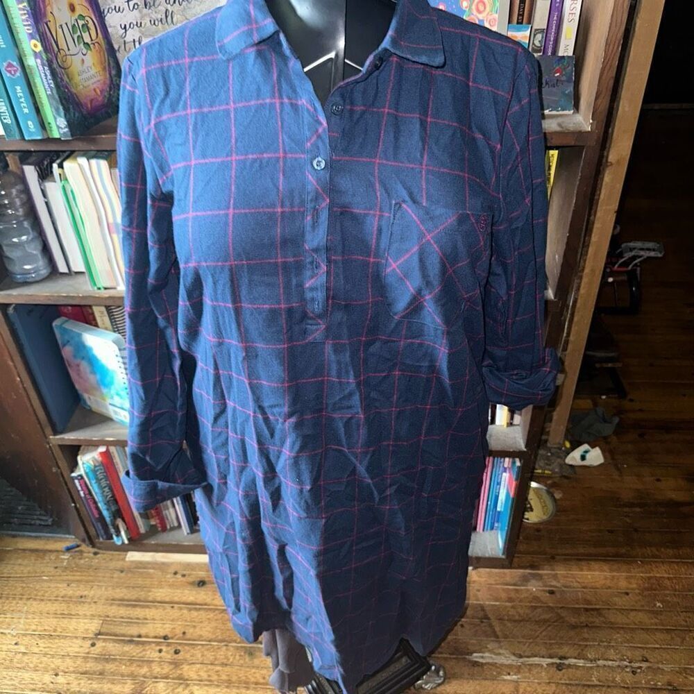 Lauren James navy & pink plaid L classic shirt dress